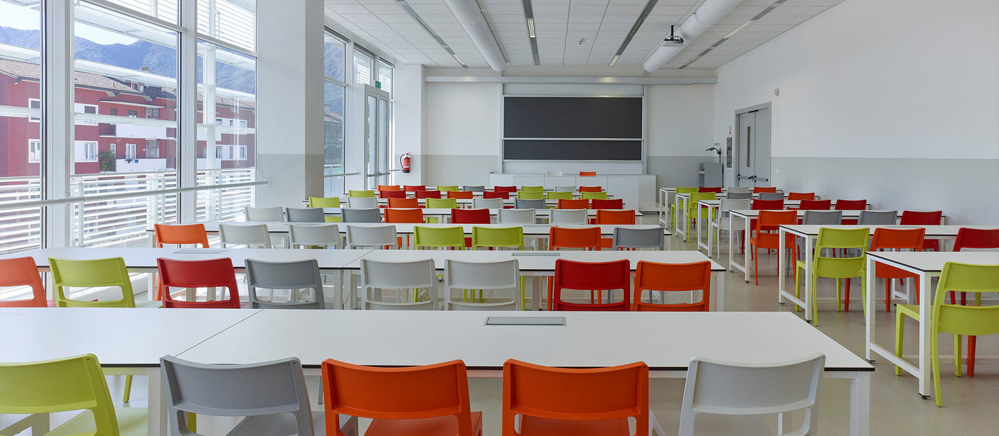 Colourful sai chairs in classroom